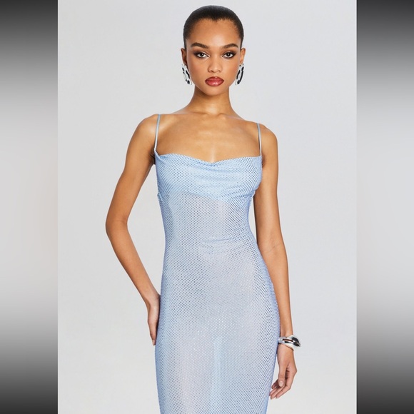 Debase De Base Rhinestone Fishnet Crystal Mesh Overlay Maxi Dress M Blue - Picture 13 of 14